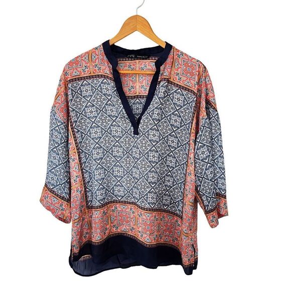 Zara Multicolor Print 3/4 Kimono Sleeve Oversized Boho Vneck Tunic Blouse - Picture 5 of 11